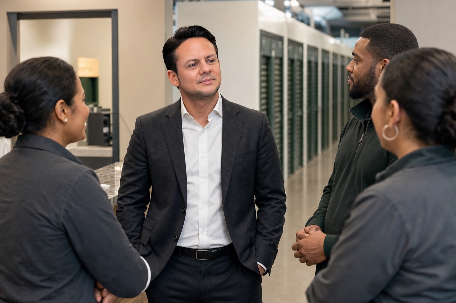 Jared Mastroianni speaking with a facility operations team in a storage corridor.