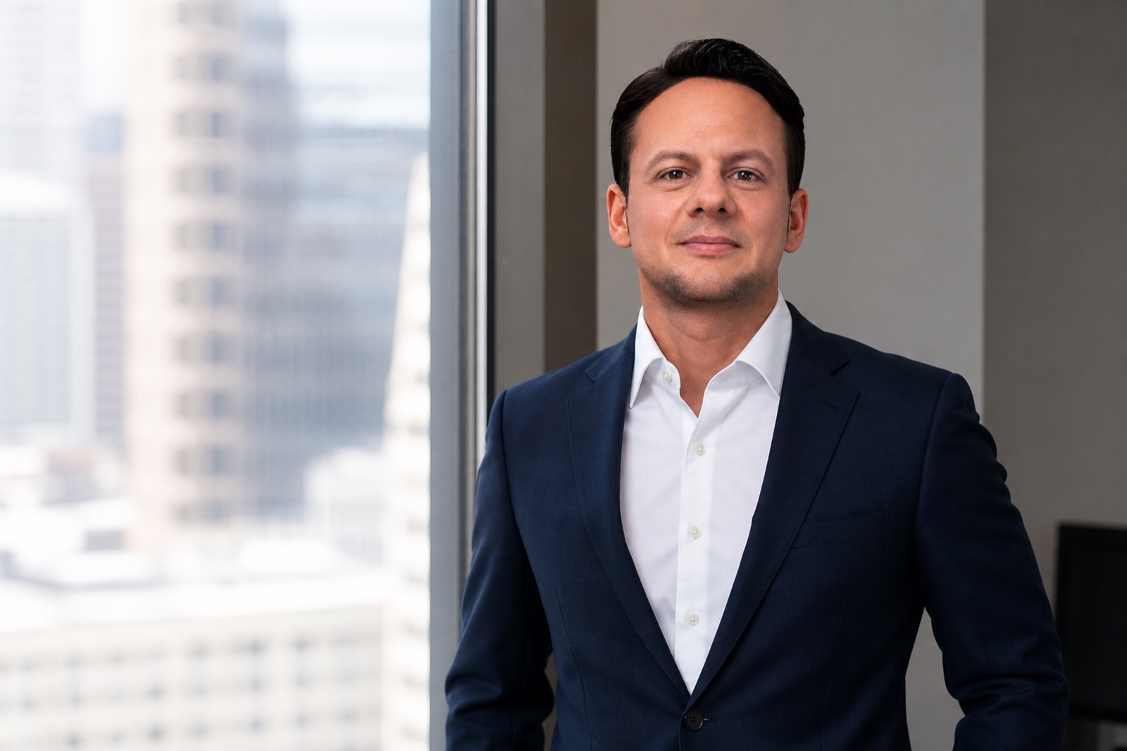 Jared Mastroianni wearing a navy suit in a contemporary office.