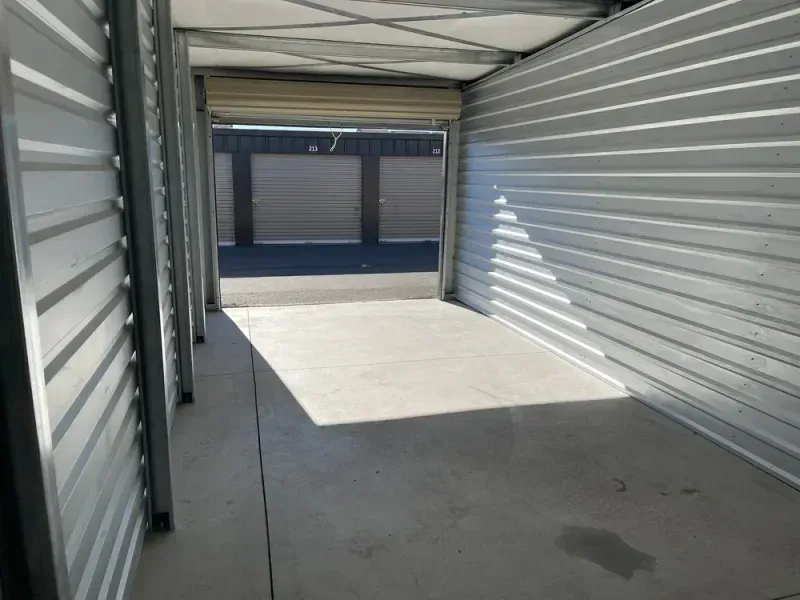 Well-lit storage facility parking area