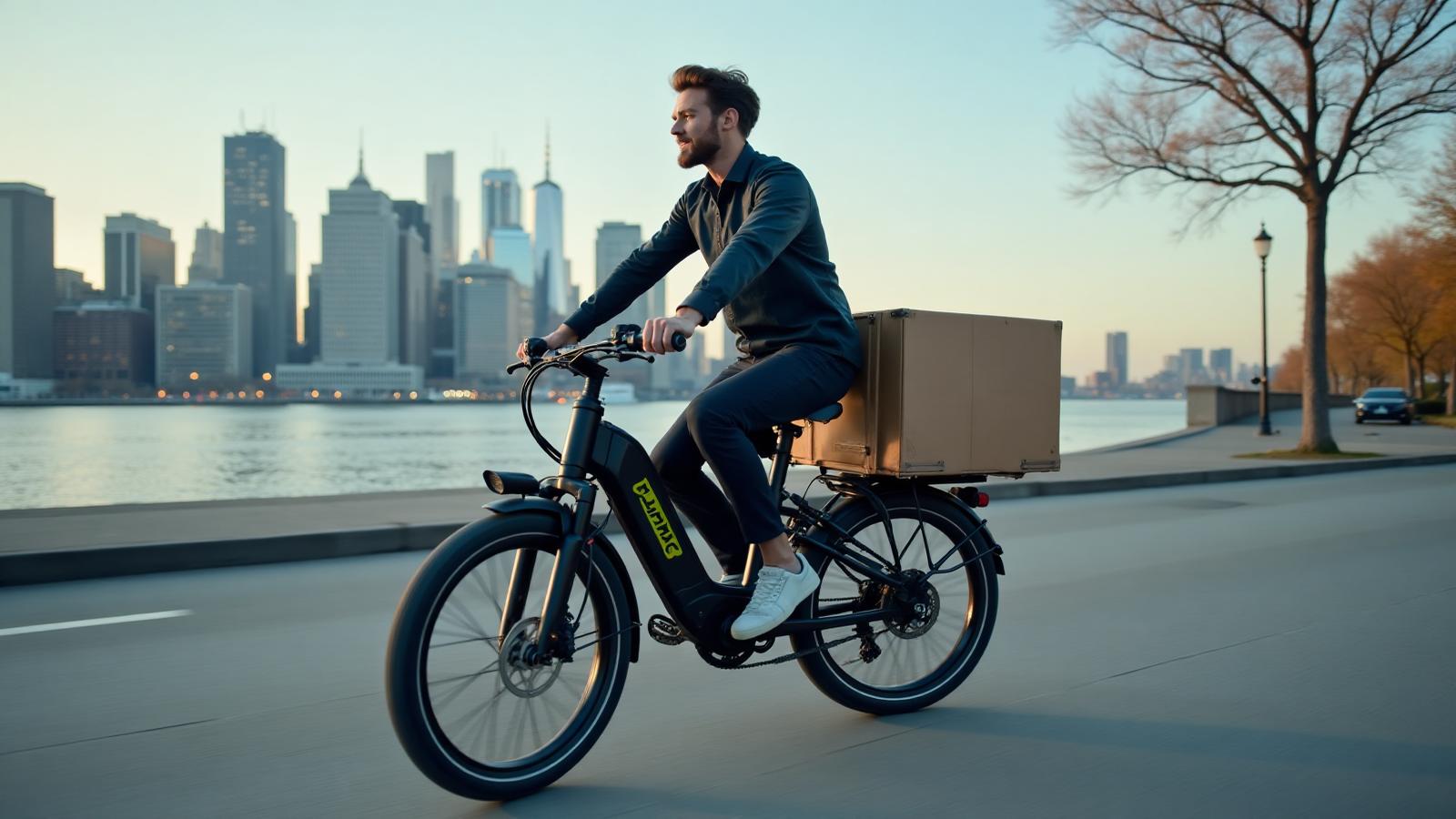 Delivery rider on e-bike in Long Island City with Manhattan skyline
