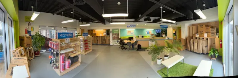 Wide corridor with easy cart access between storage units