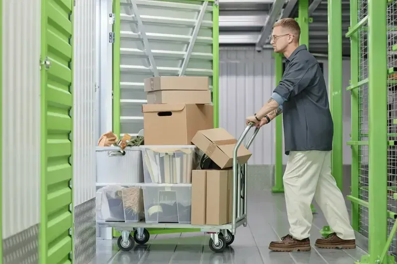 Customer loading boxes on a cart inside Piscataway storage facility with green unit doors