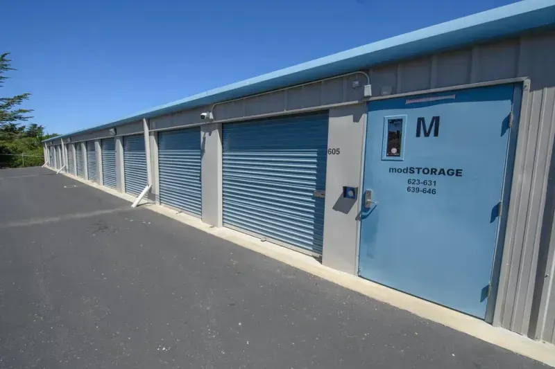 Climate-controlled storage hallway with clean, well-lit units